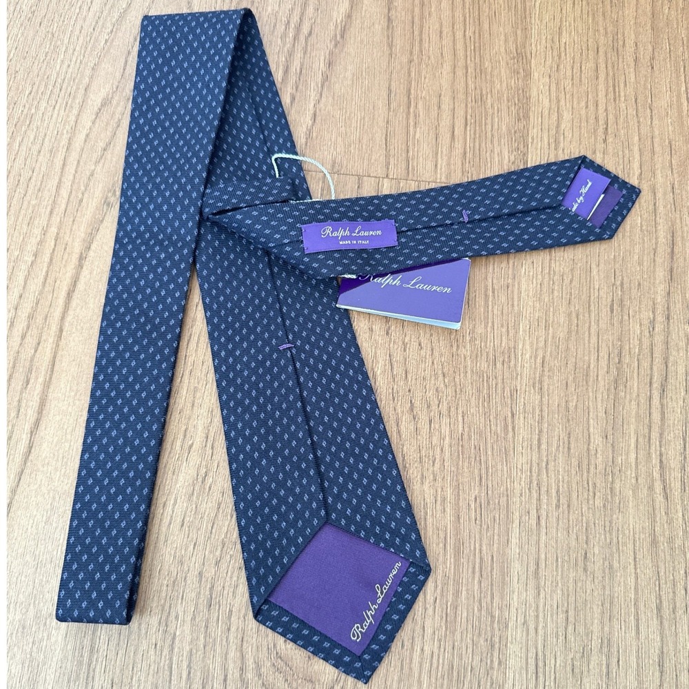 Ralph Lauren Purple Label Diamond Print Cashmere Silk Tie Navy Blue Italy NEW